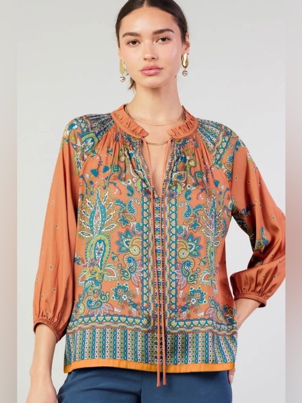 Current Air Los Angeles Terracotta Paisley Boho Peasant Blouse Size Small